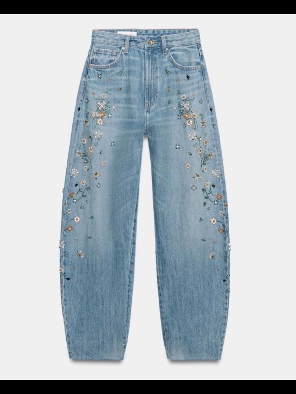 Zara High Rise Light Blue Floral Embroidered Barrel Jeans 4US